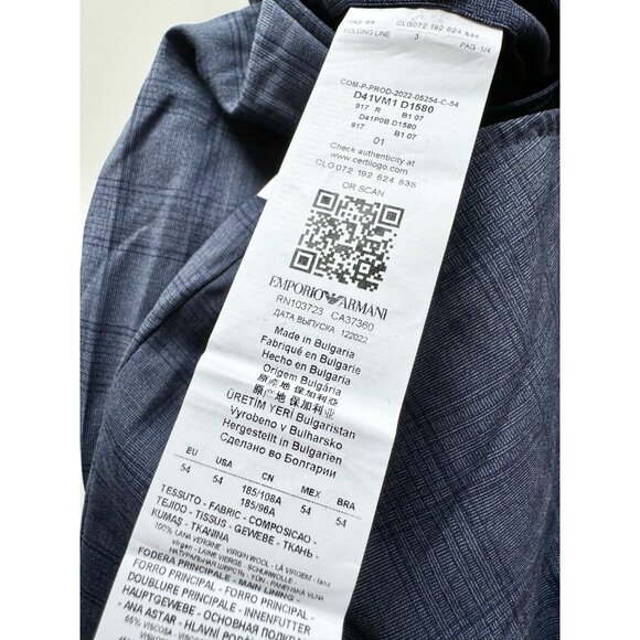 EMPORIO ARMANI Dark Blue Check 100% Wool Trousers Dress Pants, Size 54 - Picture 11 of 13